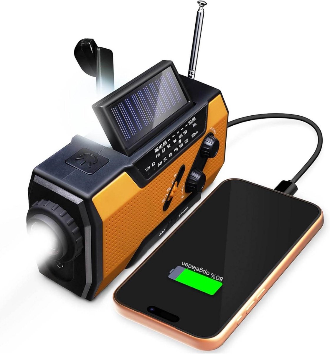 GELLDG Noodradio met zwengel – Radio op batterijen – Ondersteunt opladen via zonne-energie en zwengel – Met 4000 mAh-powerbank en ingebouwde oplaadkabel – Inclusief led-zaklamp en SOS-alarm – Geschikt voor stroomuitval, kamperen en buitenactiviteiten