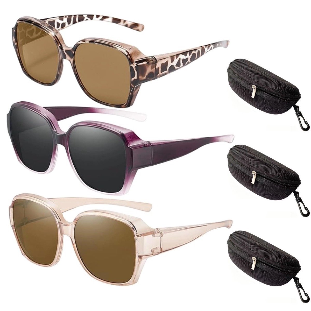 Overzet zonnebril voor brildragers - 3 stuks - Overzetzonnebrillen - Polarized - met 3 beschermhoesje - UV-bescherming - ultralichte clip-on - Gepolariseerde Overzet Zonnebril Dames - Trendy Vierkant Montuur - Groot montuur - Ontspiegelde glazen