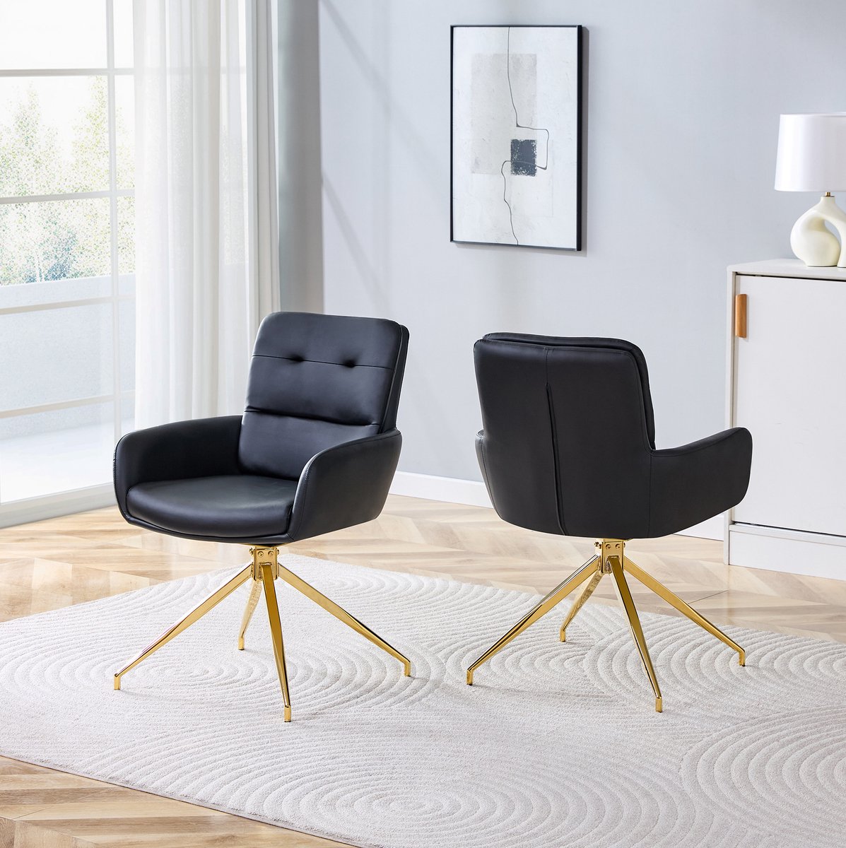 MEUNIQ draaibare eetkamerstoel set van 2, zwart PU, goudkleurig metalen onderstel, met armleuningen en gecapitonneerde rugleuning voor eetkamer Black