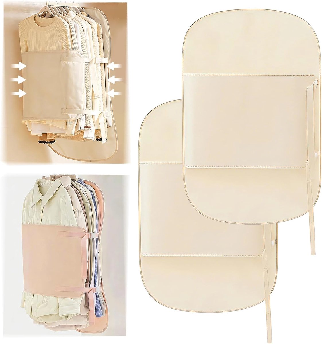 KZQ Hangende Kledingorganizer Tas - Met verstelbare schouderband voor ruimtebesparing - Geschikt voor jassen, donsjassen en overhemden - Ideaal voor thuis, studentenkamers en kledingkasten - Abrikoos - Set van 2