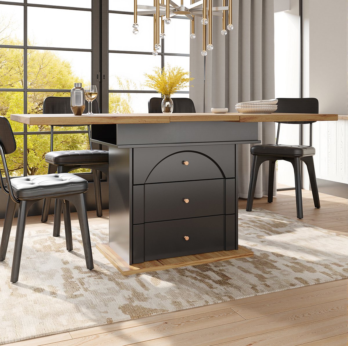 MEUNIQ Uitrekbare eettafel 110-140 x 80 x 75 cm met verborgen opbergruimte, rechthoekig ontwerp en zwarte naturel afwerking voor keuken en woonkamer