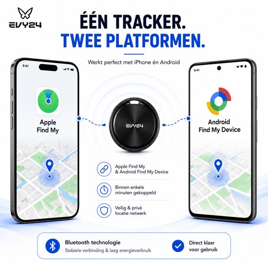 Zwarte Evy24 tracker tussen twee smartphones, één met Apple Find My app, de ander met Android Find My Device.