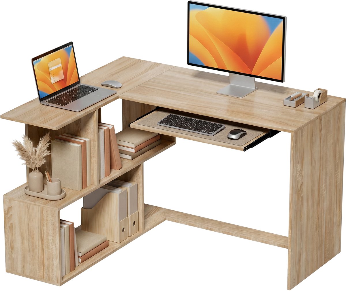 ECTEATOY® Hoekbureau L-Vormig Computerbureau met Toetsenbordhouder en 4 Open Vakken - 120x100x76 cm - Naturel