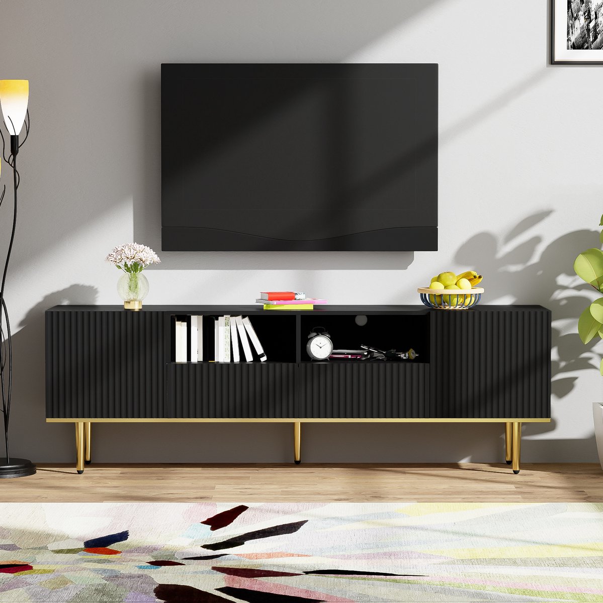 COVREO TV-meubel 165 x 36 x 55 cm - zwart en goud, 2 lades, open vakken