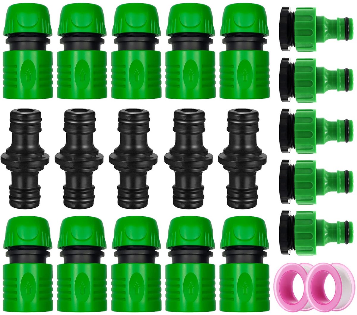 SnelShoppen - Tuinslang Verbindingsstukken Set - 10 Snelkoppelingen, 5 Dubbele Mannelijke Koppelingen, 5 Slangkraanverbindingen 1/2 en 3/4 inch - Incl