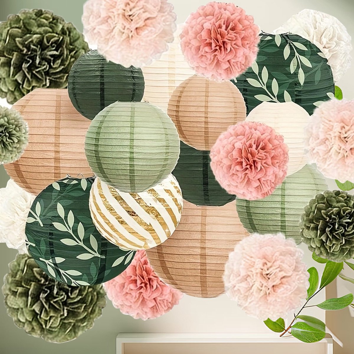 Set van 24 papieren lantaarns - Saliegroene lantaarns - Ronde papieren lantaarns met honingraatpatroon voor bruiloften, verjaardagsfeesten, babyshowers en tuinfeesten
