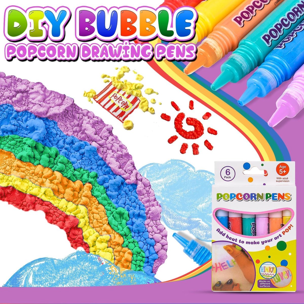 SnelShoppen - 12 Stuks Magische Gezonde Bubble Pennen voor Kinderen - Doe-Het-Zelf Tekenpennen - Gezellige Popcorn Pennen - Creatieve Kunst en Knutsel