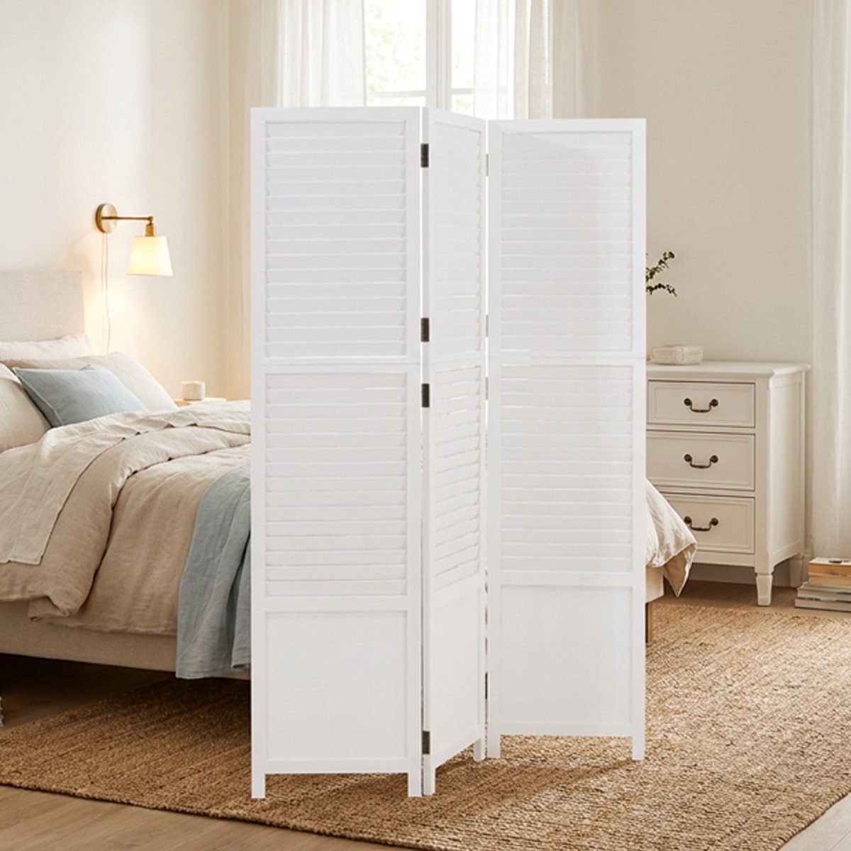 Homestyle4u Kamerscherm - 130x175 cm - Wit - 3-delig - Houten lattenbodem