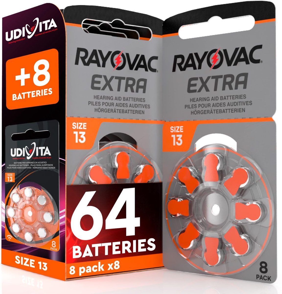 SnelShoppen - 64 Hoortoestel Batterijen Maat 13 - Rayovac Extra + 8 Udivita Blisterverpakking - Lange Levensduur, Betrouwbaar en Kwaliteit