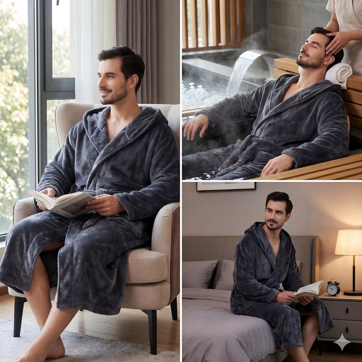 SnelShoppen - Heren Badjas met Capuchon Pluche Sjaalkraag Kimono Badjas Zacht Warm Flanel Fleece Spa Badjassen Huisjas Pyjamas Grijs 3XL-4XL