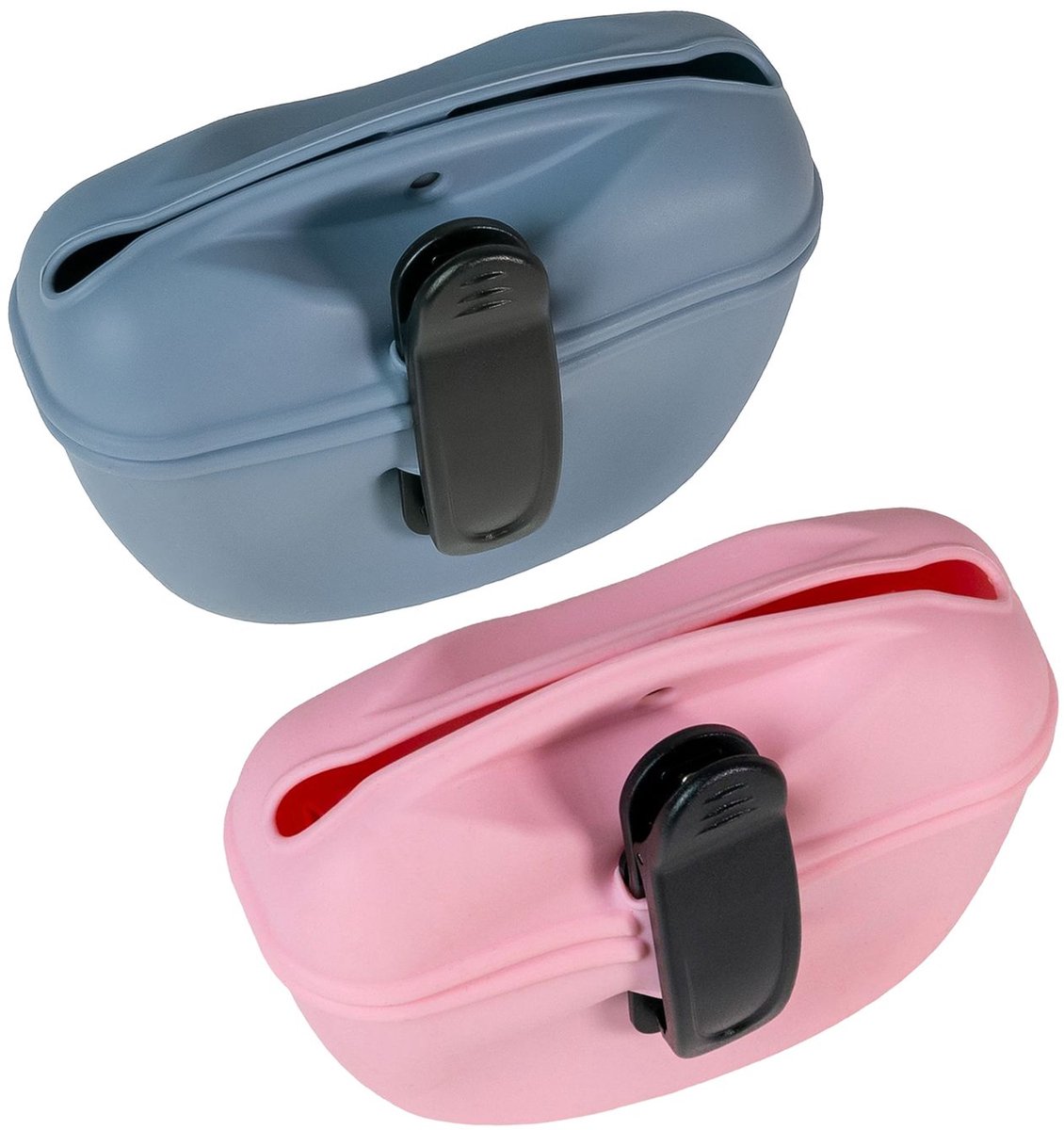 Intirilife 2x Snoepzakjes voor honden van siliconen in blauwgrijs en roze - 13 x 5 x 10,5 cm - Trainingszakje met riemclip voor droogvoer, natvoer, accessoires voor hondentraining