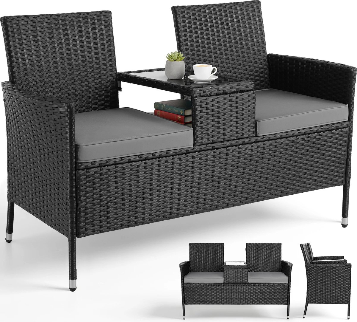 Joorly Tuinbank met Tafel - 2-zits Balkonbank -Tuinbankjes weerbestendig - Loungesets - Tuinset - Tuinstoelen - Inclusief Kussens - 120x54x83cm - Rotan - Zwart