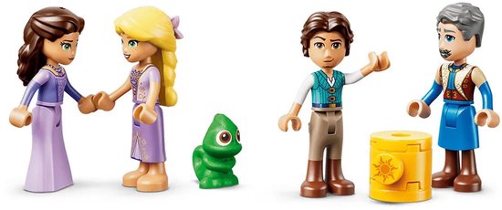 Vier LEGO Disney Princess figuurtjes: Rapunzel, Flynn, Maximus de kameleon en koning.