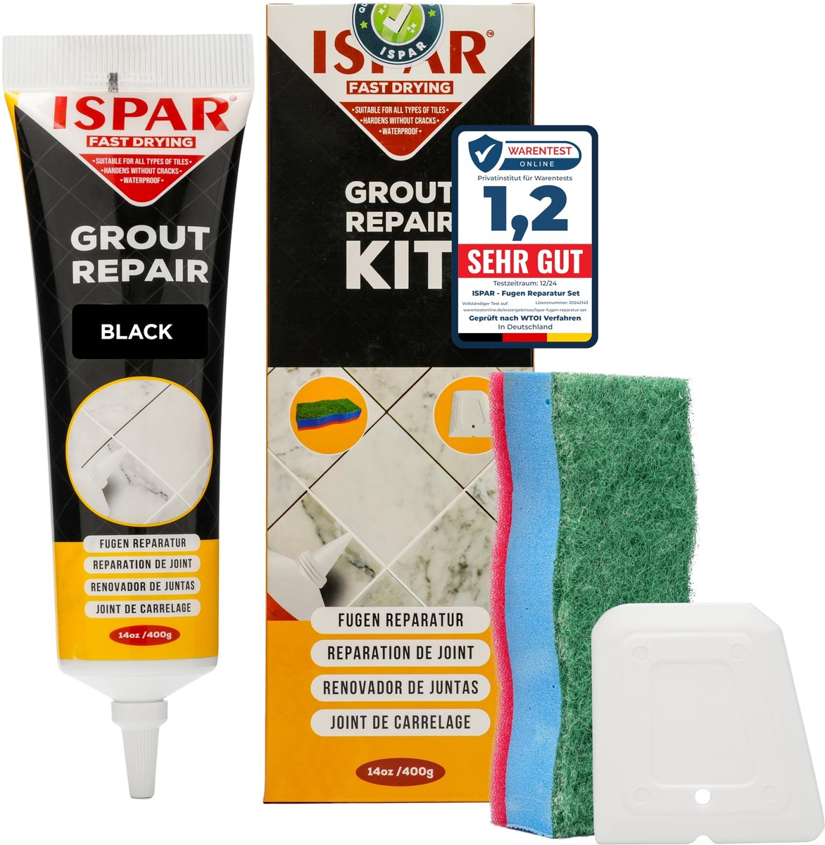 SnelShoppen - ISPAR Voegenreparatie Zwart 400 g - Kant-en-klare voegpasta voor tegelvoegen, badkamer, douche, keuken, wand en vloer met spatel en spon