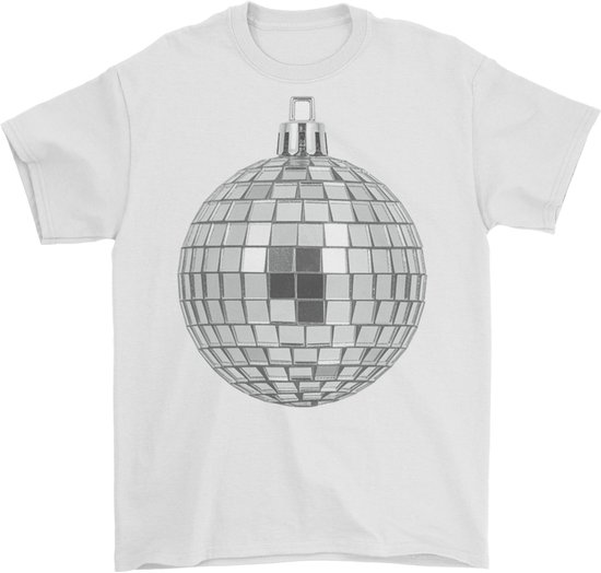 Wit T-shirt met een glanzende zilveren discobal print.