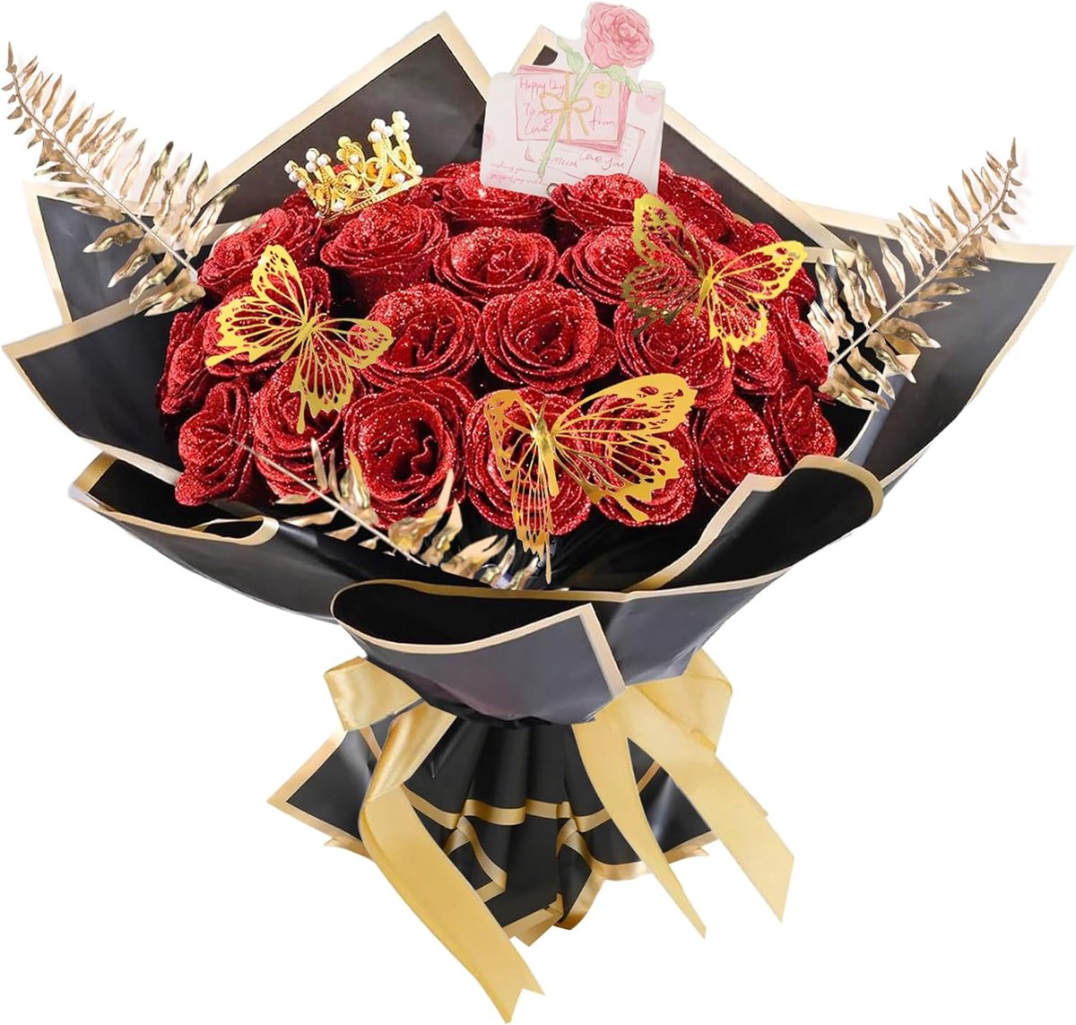 24 Stuks Glitter Rozen Boeket - Kunstmatige Rozen - Sprankelend met Kroonkaart - Perfect voor Verjaardagsgeschenken - SnelShoppen
