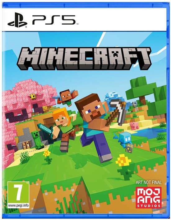 PlayStation 5 hoes van Minecraft met Steve, Alex, een Creeper, en een Pig in een levendige, blokkerige wereld.