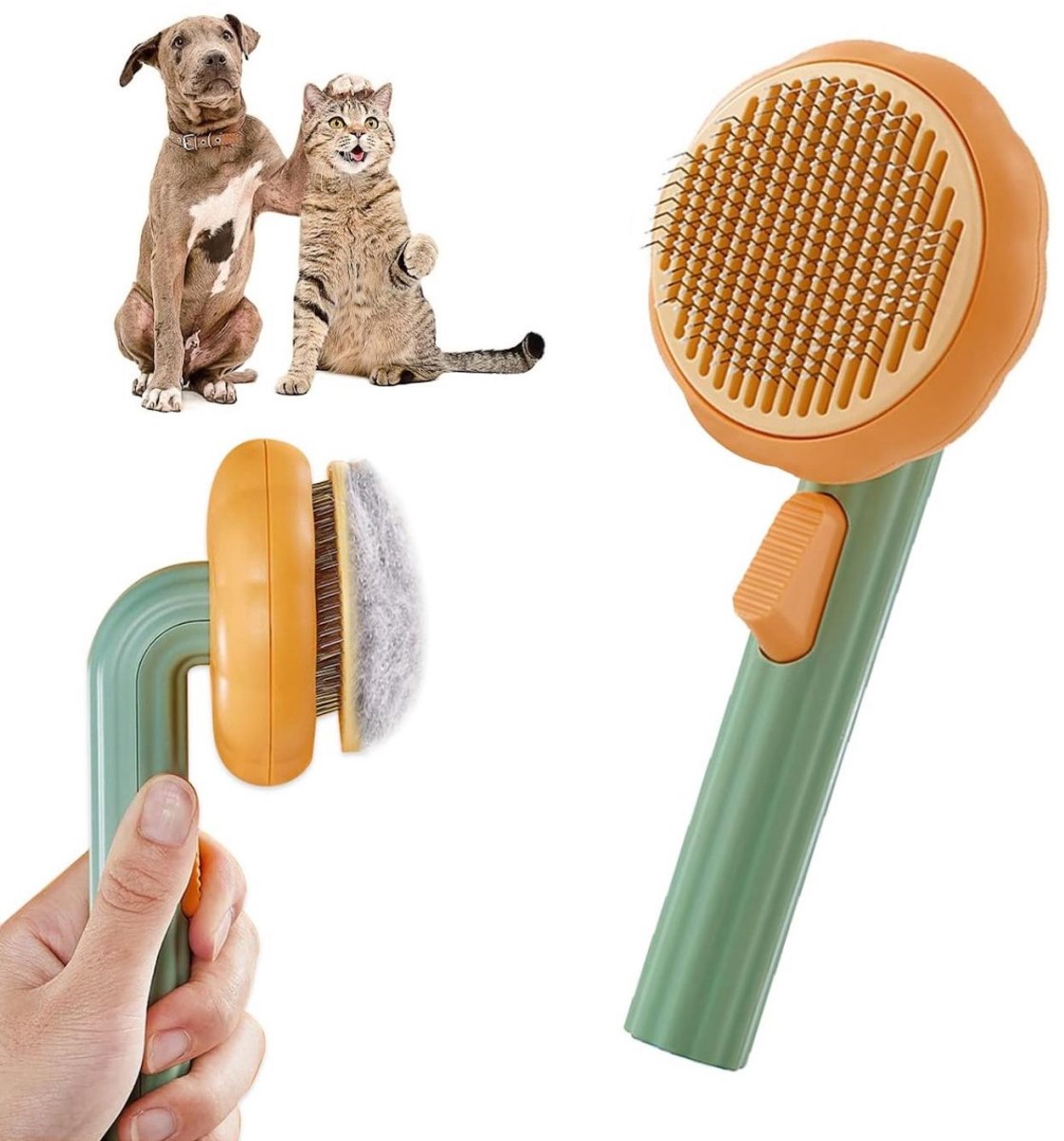 GELLDG Kattenborstel – Pompoenvorm – Geschikt voor kattenvacht – Vermindert haaruitval – Reinigen met één klik – Groen