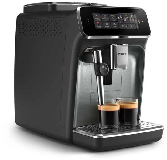 Zwarte Philips volautomatische espressomachine met zilverkleurige details, zicht op de melkopschuimer.