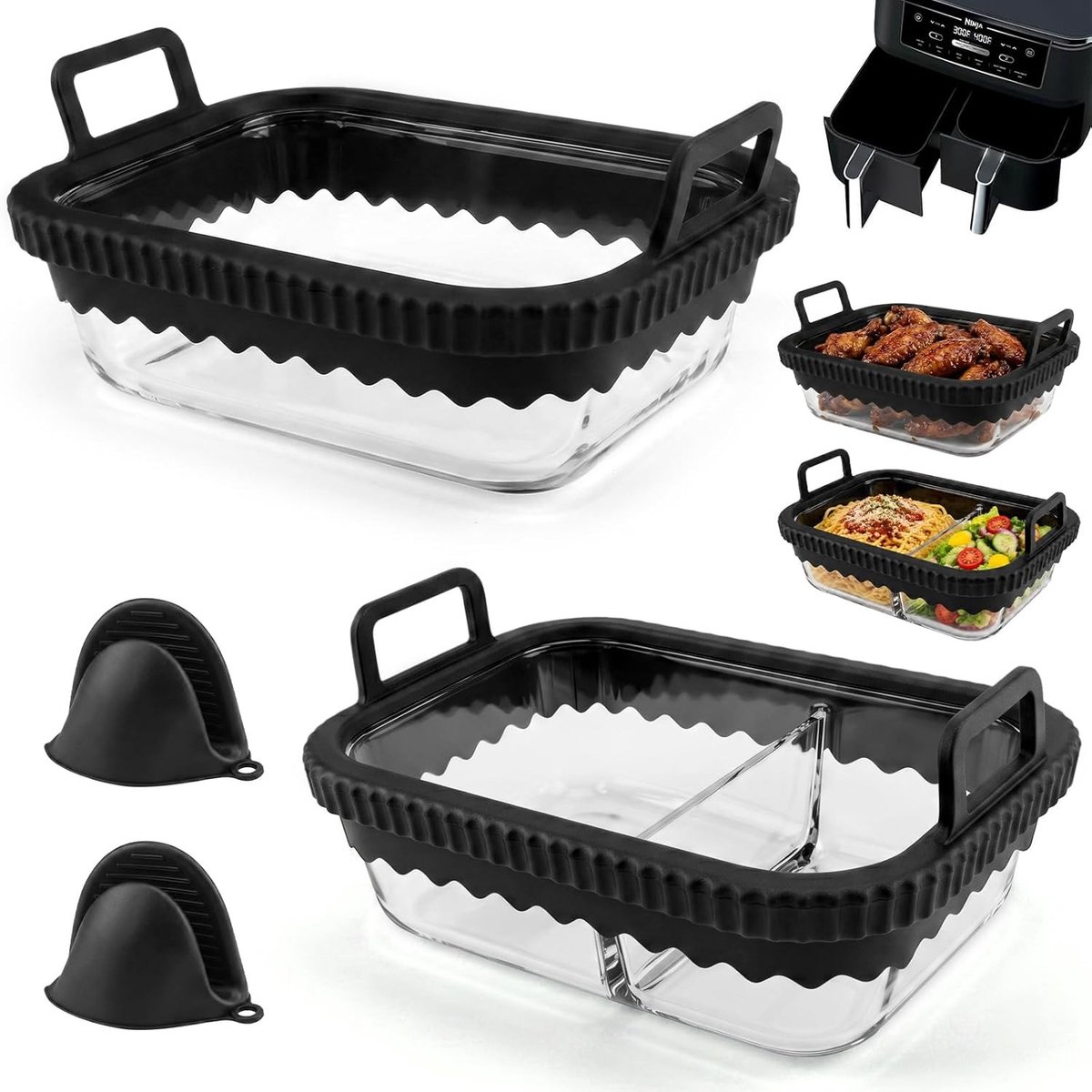 Glazen Airfryer Accessoires - 2 Stuks Duurzame Heteluchtfriteuse Liner met Siliconen Handvat voor Diverse Airfryers