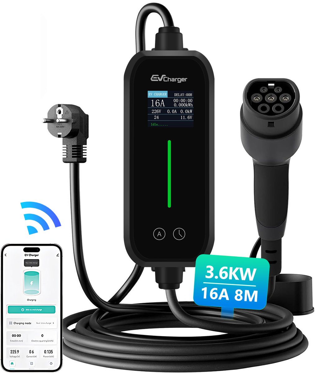 Cestovet Mobiele Thuislader Type 2 met App 3,6kW - Schuko Plug - 16A 1 Fase - 8 Meter Kabel - EV-oplader met LCD Display