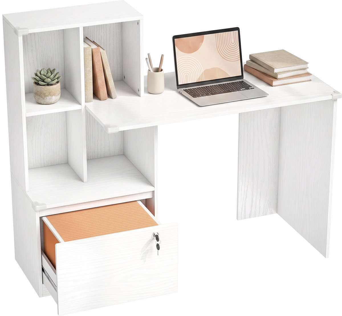 ECTEATOY® Bureau - met Boekenkast en Afsluitbare Lade - Computertafel - 126x50x109 cm - Wit Houtlook