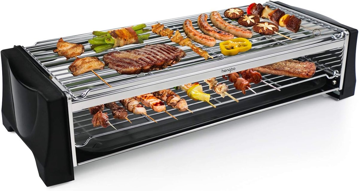 SnelShoppen - Elektrische Tafelgrill Dubbellaags 2200W, Smokeless BBQ Grill voor Balkon en Indoor Gebruik, Roestvrij Staal, Zwart, Perfect voor Feeste