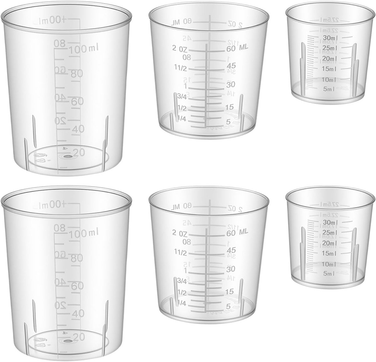 Set van 6 maatbekers 30/60/100 ml - transparante kunststof - dubbele schaal - nauwkeurig stapelbaar - ShopVlot