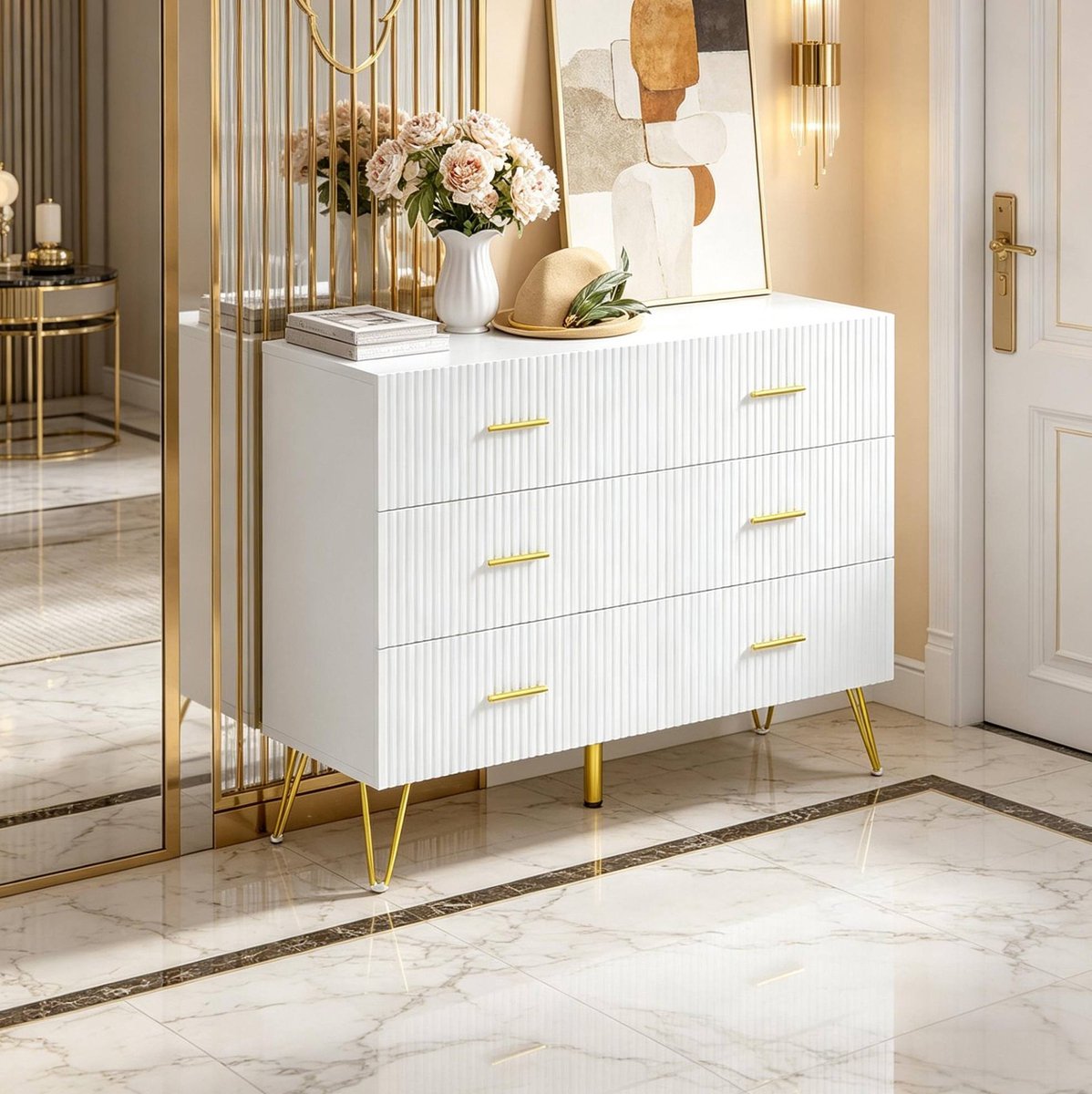 DESMIU Dressoir - 6 Laden Voor Geordende Opbergruimte - Veelzijdig Voor Woonkamer Slaapkamer Of Hal - Spaanplaat En Metaal - Wit Goud - 100x40x75 Cm