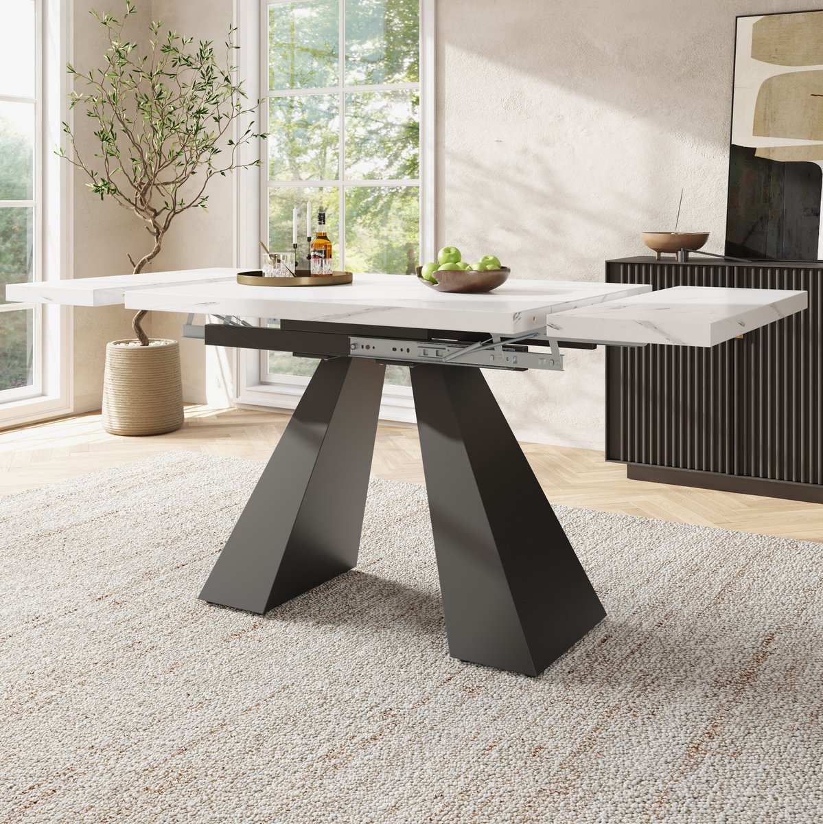 MEUNIQ uitschuifbare eettafel 99-159 x 74 x 77 cm, rechthoekig tafelblad met marmerlook, m