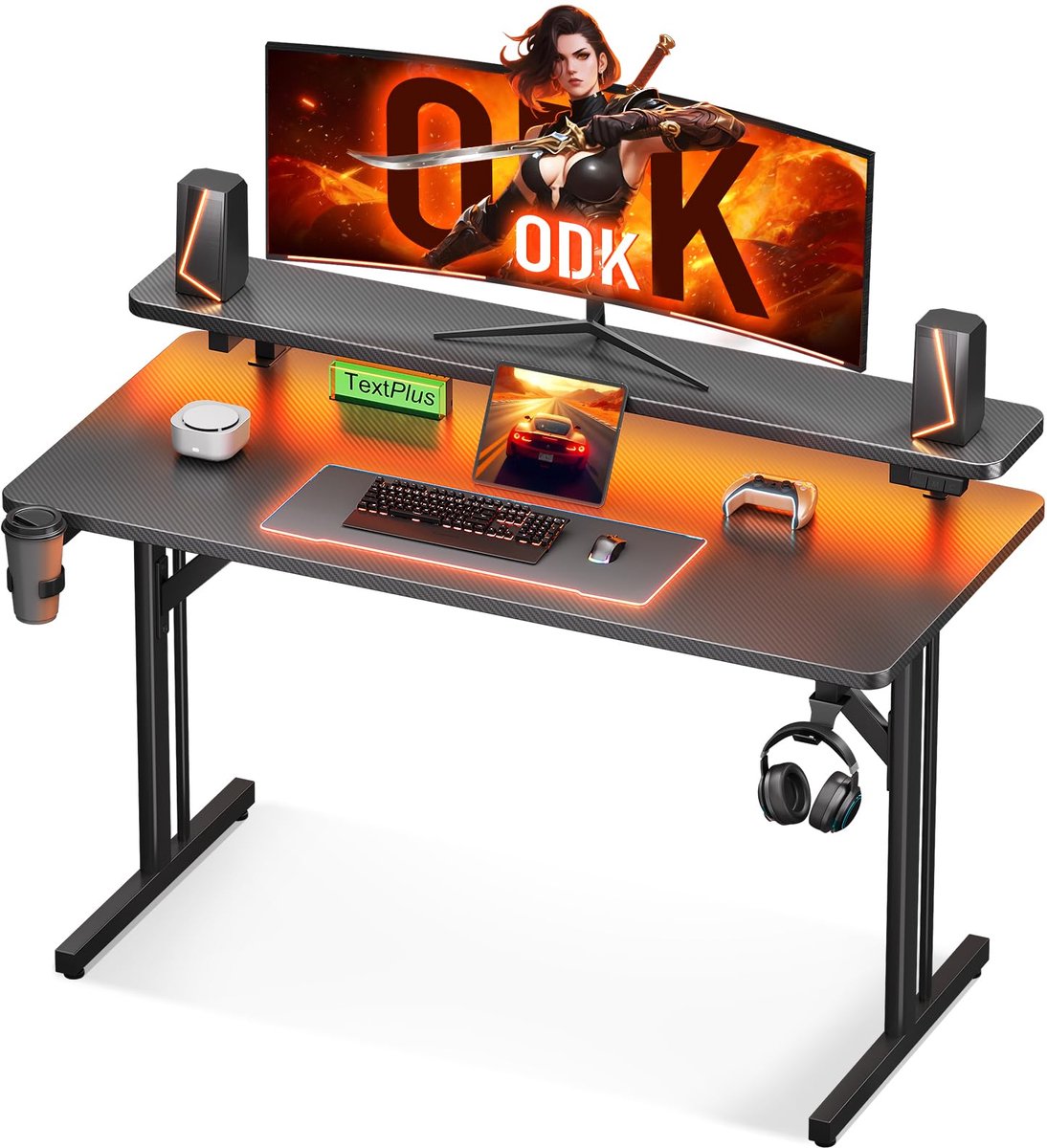 SnelShoppen - ODK Gaming Bureau met LED Verlichting, Stopcontacten, Carbon Fiber Computer Werkstation 100cm, Monitorstandaard, Bekerhouder en Hoofdtel