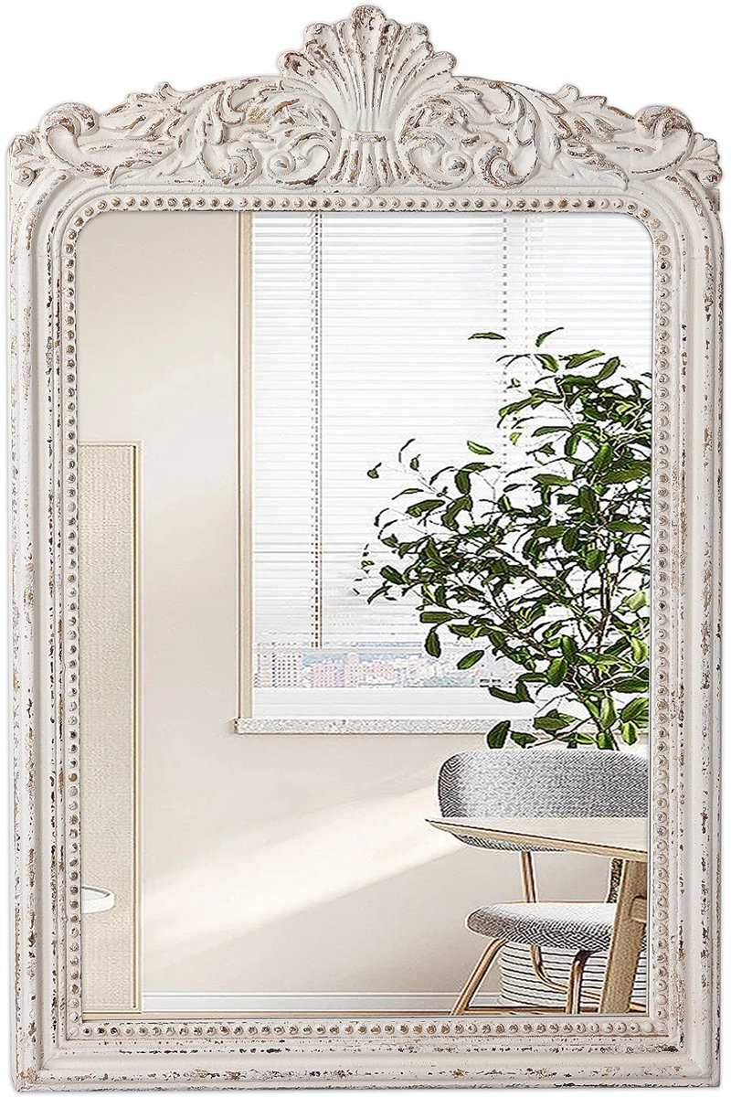SnelShoppen - Vintage rechthoekige wandspiegel 90 x 61 cm - Barok antieke decoratieve spiegel - Groot rustiek wit voor woonkamer, slaapkamer, badkamer