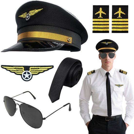 Kapitein Hoed Set van 6 - Kostuum Accessoires - Piloot Hoed - Armband/Badge/Stropdas/Bril - Voor Cosplay/Verkleedfeest - Halloween Thema - Pilotenhoed