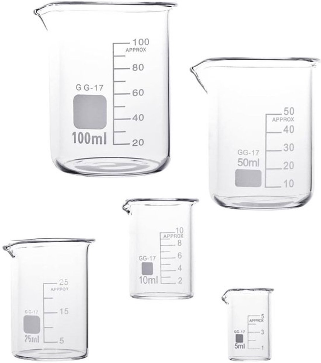 Maatbekers Set van 5 - Borosilicaatglas - Hittebestendig - Bekerglazen - Capaciteit 5/10/25/50/100 ml - Afgestemd voor laboratoriumgebruik - Laboratoriumglas