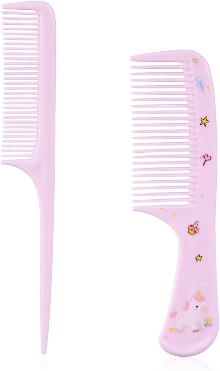 Thijox - Set van 2 Plastic Haarkammen met Fijntandige Haarborstel en Puntkam voor Peuters, Kinderen en Vrouwen met Alle Haartypes - Schattige Eenhoorn