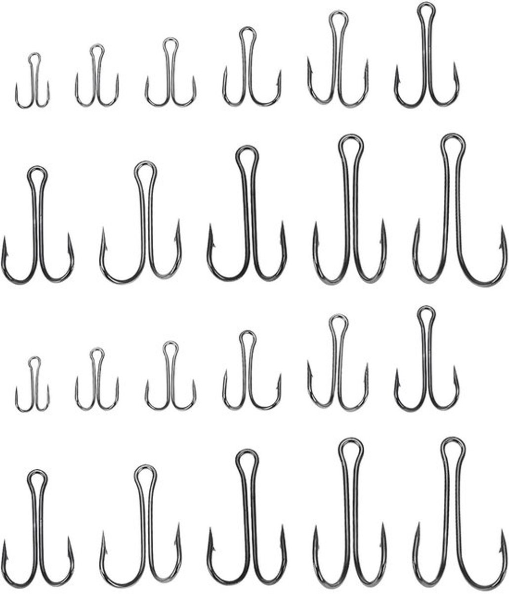 Vishaken 55 Stuks - Dubbele Haken - Hoog Koolstofstaal - Geschikt voor Zoutwater/Zoetwater - Uitgebreid Maatbereik - Betrouwbare Prestaties - Visaccessoires