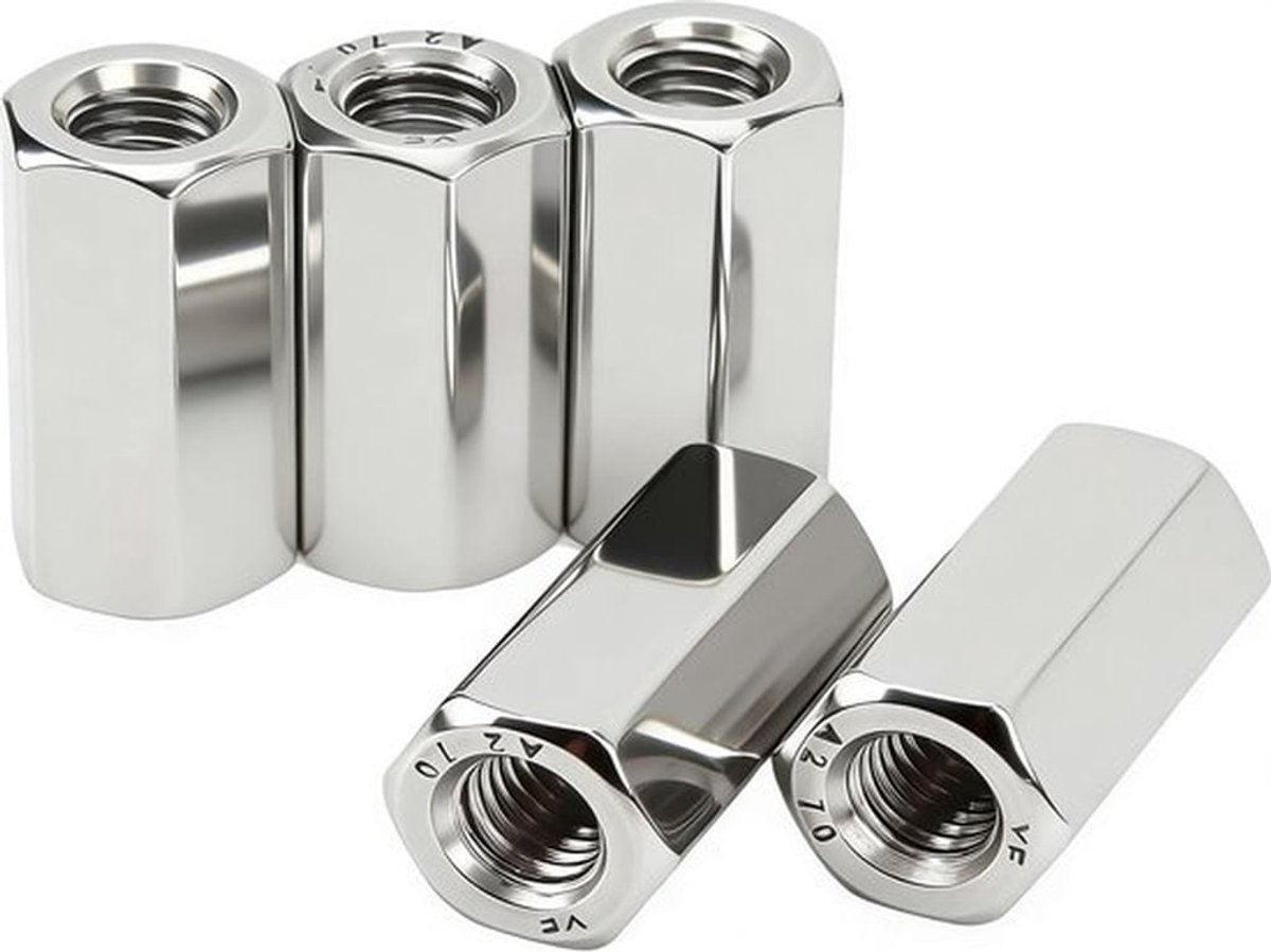 Langmoeren M10 x 1,5 - 5 Stuks - Zeskantige Wartelmoeren - Roestvrij Staal 304 - Binnendraad - Lengte 35 mm - Verbindingsmoeren - Moeren