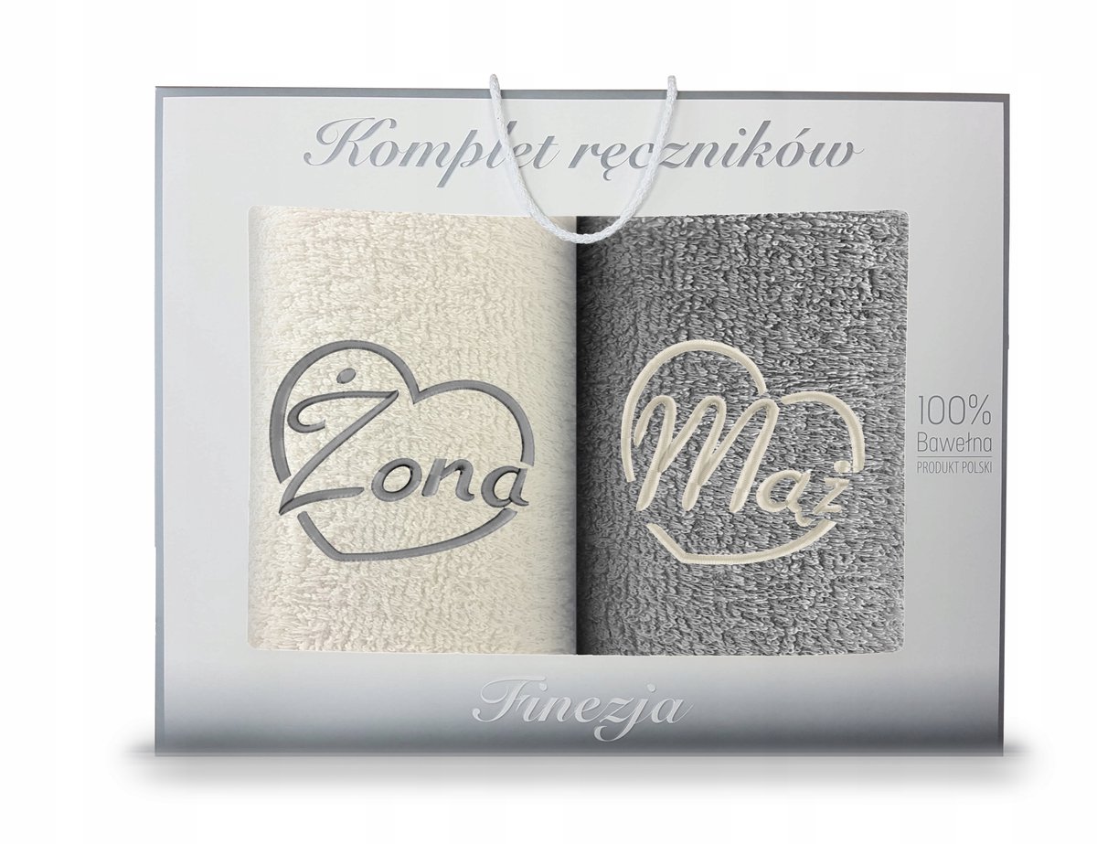 KONEY - Handdoekenset 2-delig - 2 x 70 x 140 cm - Grijs, Ecru - met borduring Vrouw & Man - in geschenkdoos