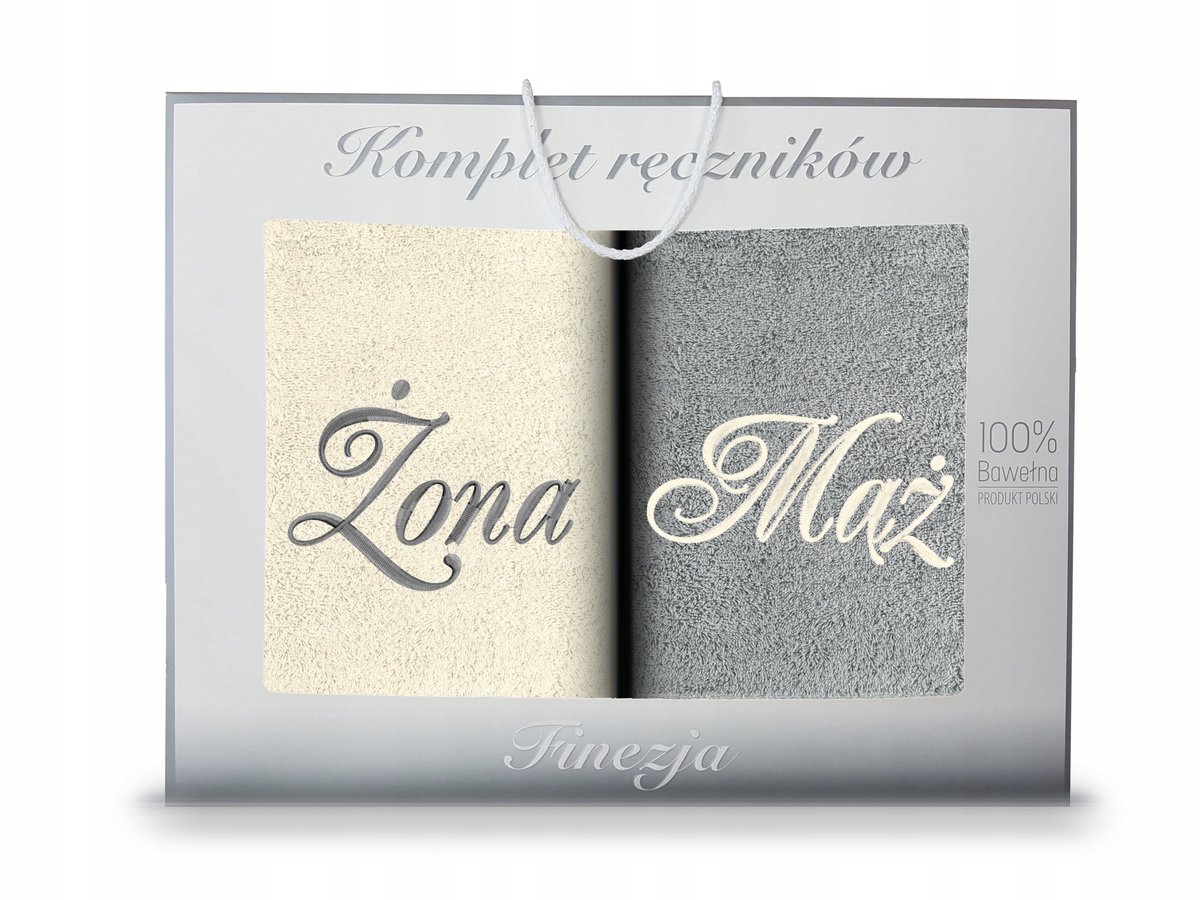 KONEY - Handdoekenset 2-delig - 2 x 70 x 140 cm - Grijs, Ecru - met borduring Vrouw & Man - in geschenkdoos