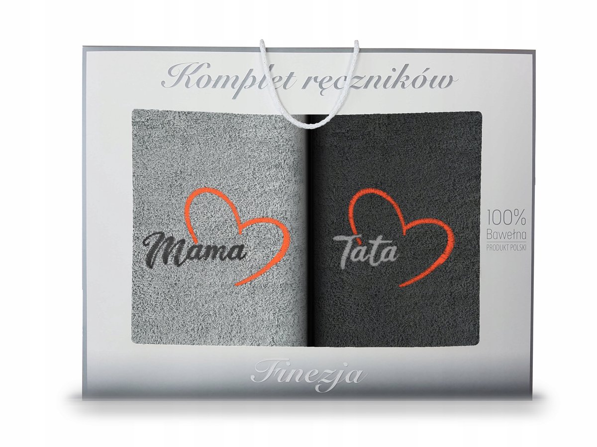 KONEY - Handdoekenset 2-delig - 70 x 140 cm - Grafiet, Grijs - met borduring Mama & Papa - in geschenkdoos