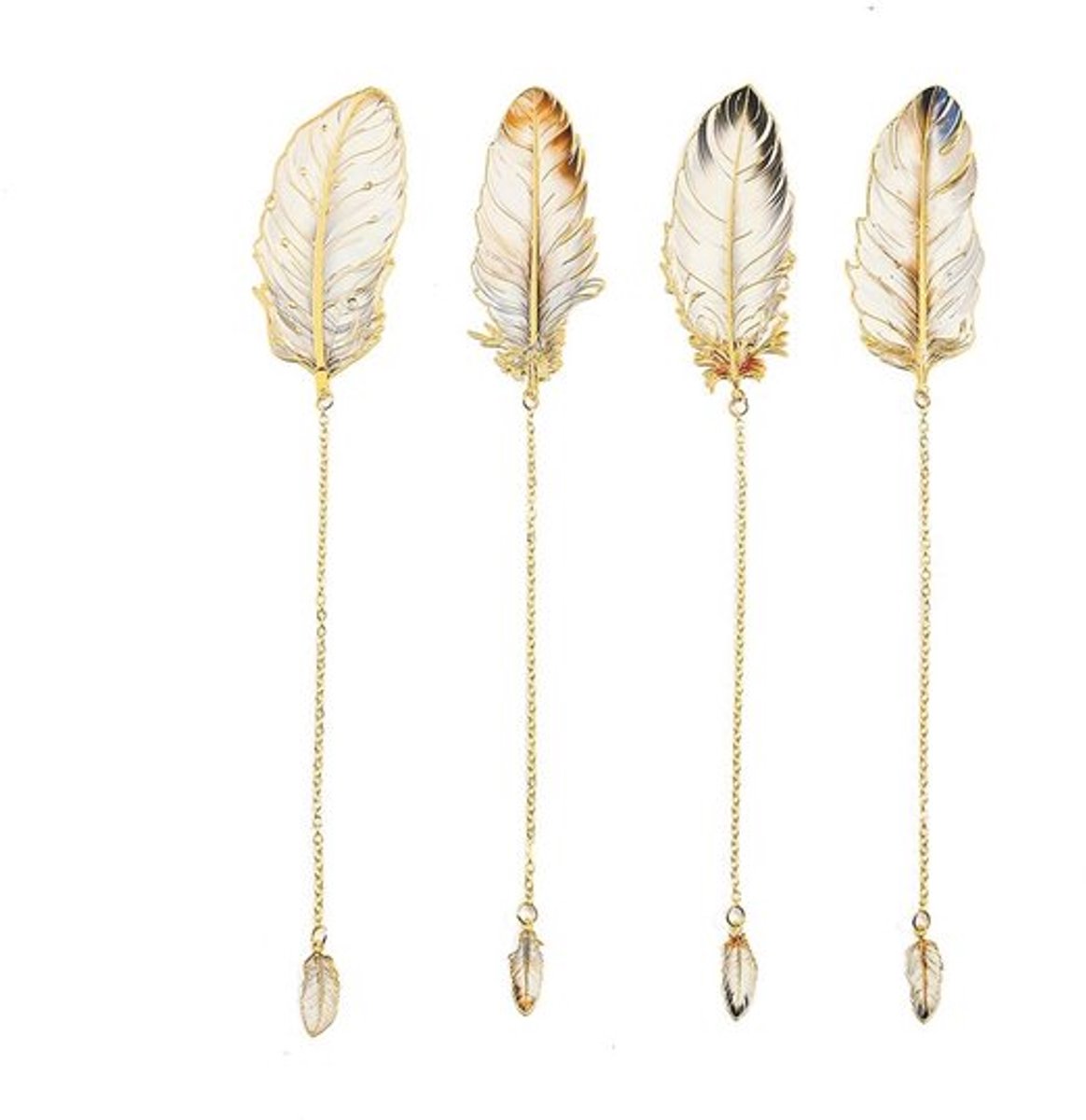 ARFUKA Veervormige metalen bladwijzer met hanger - elegante leesaccessoires voor boekenliefhebbers, schrijvers en lezers, 4 stuks