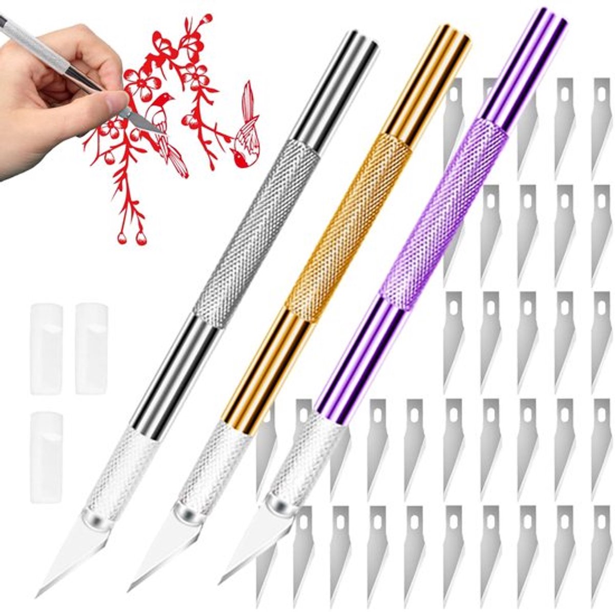 - Scalpelset - Knutselmessen - 38 stuks - Aluminium - Reservemesjes - Snijden - Geschikt voor kunstenaars - Goud/paars/zilver
