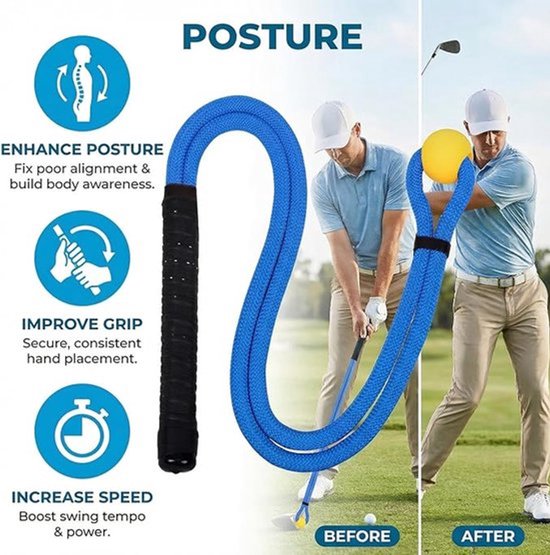 De Blue Golf Rope Swing Trainer is een professioneel trainingshulpmiddel dat is ontworpen om de swingsnelheid, het ritme, de flexibiliteit en de kracht te verbeteren. Geschikt voor warming-ups en oefeningen, van Merkloos — afbeelding 2
