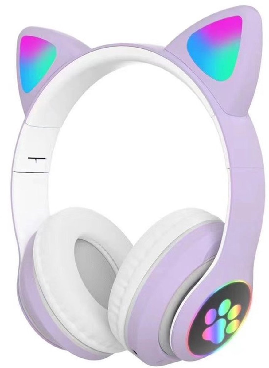 Paarse en witte kinderkoptelefoon - draadloze over-ear koptelefoon - kinderkoptelefoon - in-ear Bluetooth-microfoon - kattenoortjes - met licht - roze