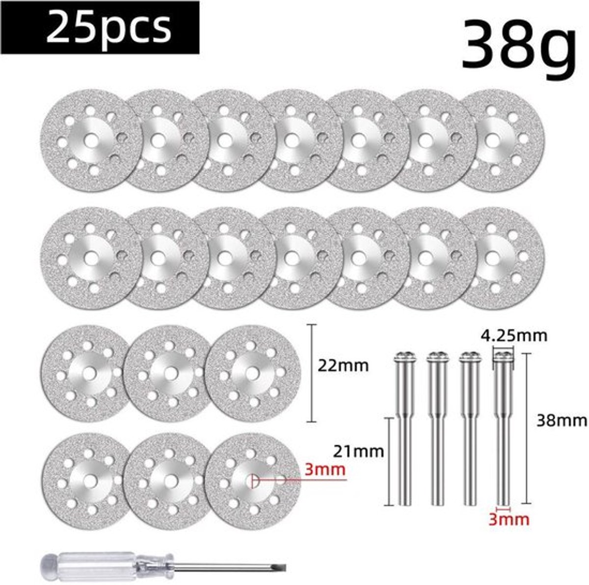 25 mini-diamantslijpschijven van 22 mm, geschikt voor elektrische slijpmachines, cirkelzaagbladen van snelstaal met harscoating, inclusief 4 SC-spankoppen en 1 schroevendraaier.