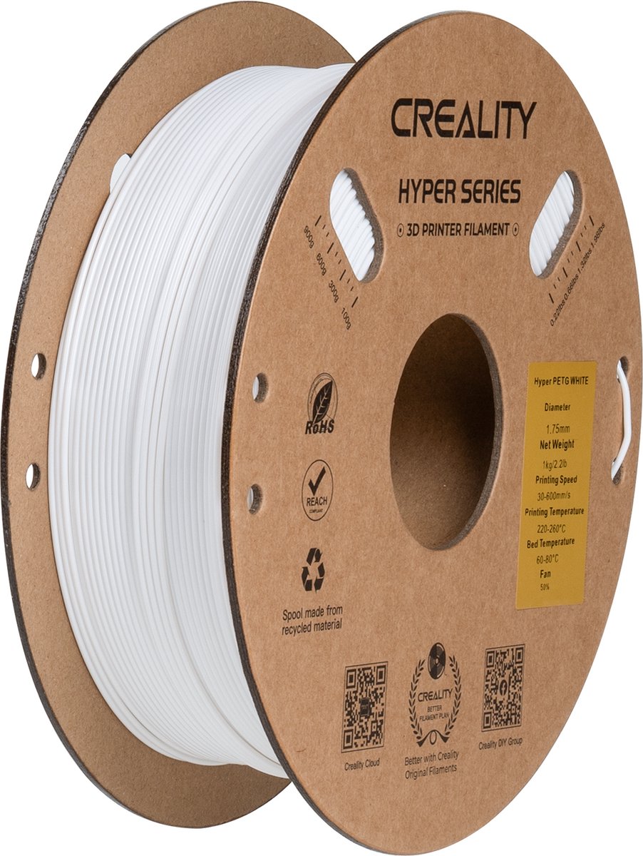 Creality Hyper PETG 3D-Printer Filament - 1,75mm 1kg - Hoge Sterkte - Uitstekende Laaghechting - Duurzaam Printmateriaal - Geschikt voor FDM 3D-Printers - Wit