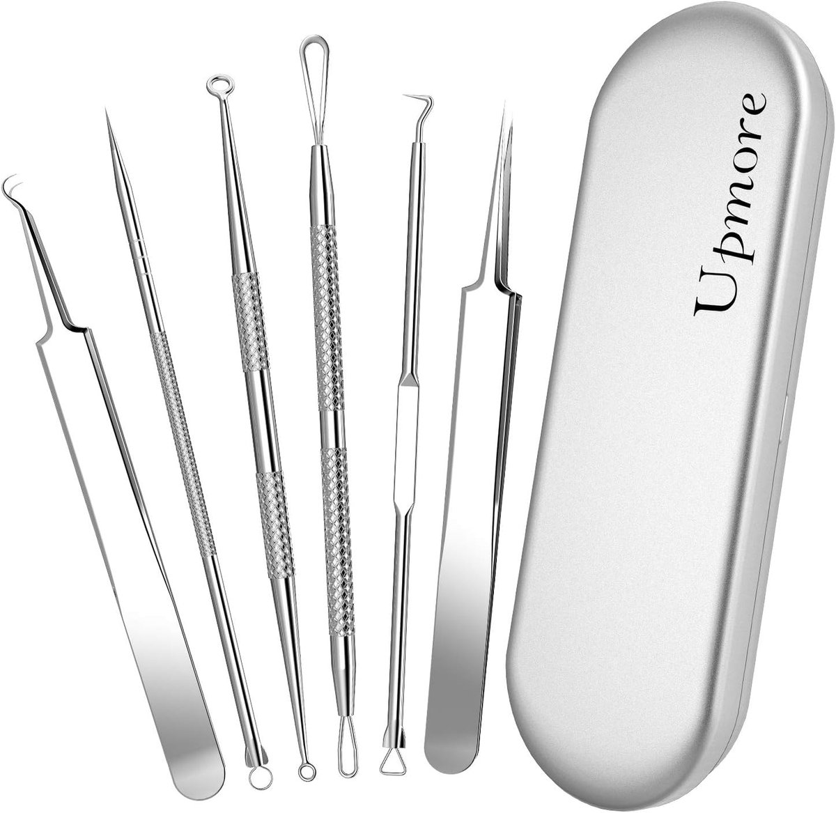 SnelShoppen - Popper Pimple Tool Kit 6PCS - Professionele RVS Acne Blemish Comedone Extractor met Metalen Case en Pincet voor Blackheads, Whiteheads e