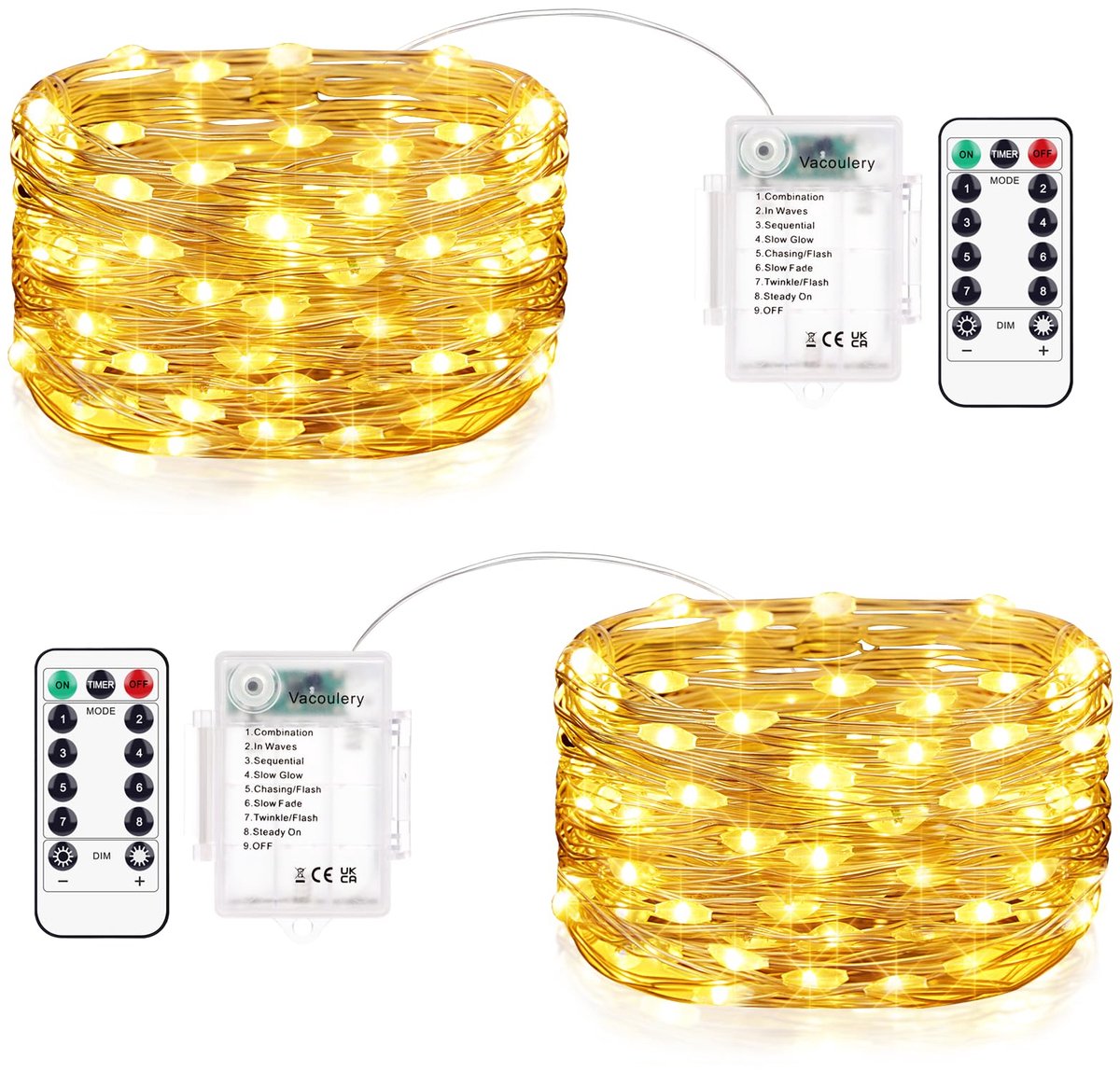 SnelShoppen - Lichtsnoer 2 x 10 m 100 LEDs Batterij Waterdicht Binnen Buiten met Timer en 8 Programma's Warm Wit voor Tuin Bruiloft Feest Kerstmis