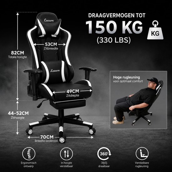 SnelShoppen - Ergonomische Gamingstoel met Lendensteun, Hoofdsteun en Voetsteun - Verstelbare 360° Draaibare Bureaustoel voor Thuis, Kantoor en Gaming van snelshoppen — afbeelding 3