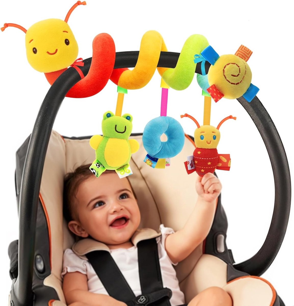 Spiraalvormig autostoeltje speelgoed - Zachte pluche hangende speeltjes voor baby's van 0-12 maanden, accessoires voor kinderwagen en wieg, onmisbaar voor aanstaande moeders en een leuk cadeau voor een babyshower.